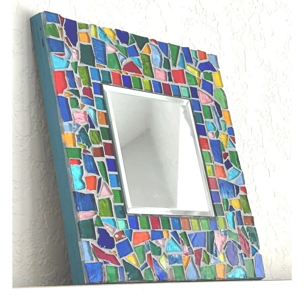 Stained Glass Mosaic Mirror Colorful Glass Tile Wall Mirror Beveled Boho Decor